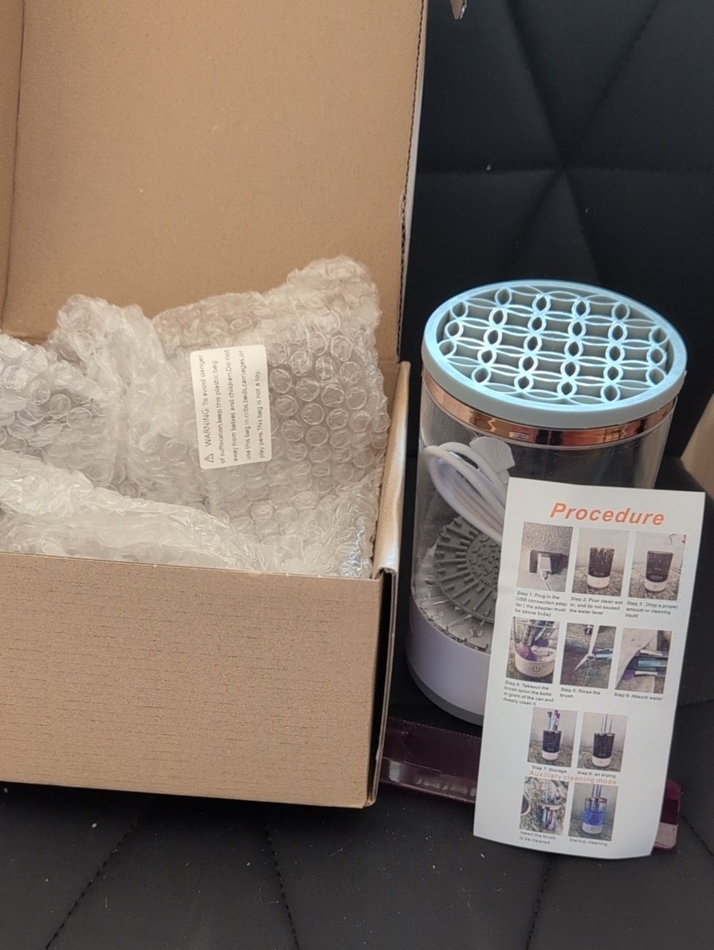 New In Box Electric Makeup Brush Cleaner in Light Gray and Rose Gold Holder